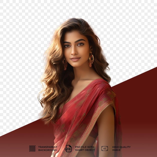 PSD beautiful woman wearing traditional sari isolated on transparent background