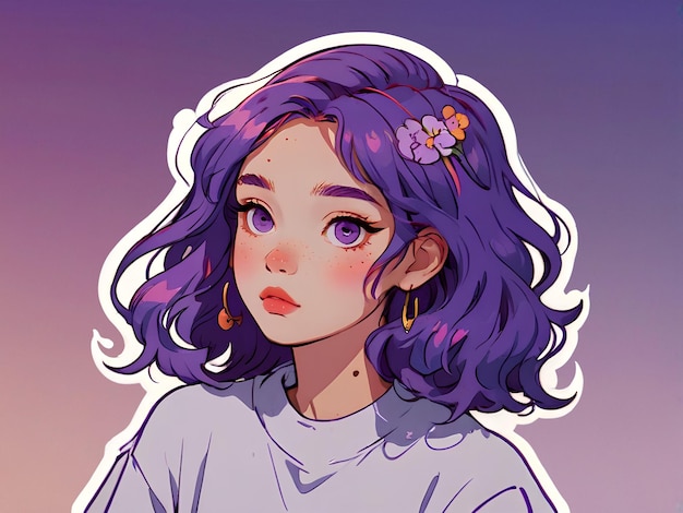 PSD beautiful young anime girl with purple hair and purple eyes isolated sticker with white border