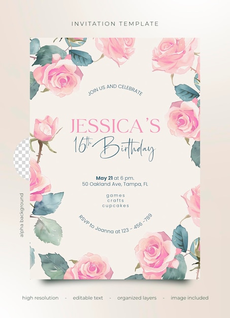 PSD psd birthday invitation template with watercolor flowers pink roses