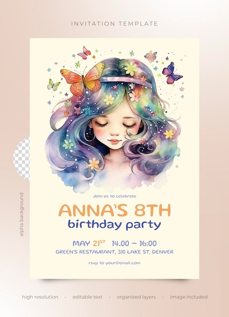 Psd birthday party invitation watercolor girl with butterflies and flowers in hair