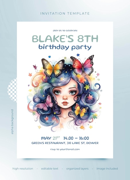 Psd birthday party invitation watercolor girl with butterflies and flowers in hair