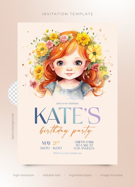 Psd birthday party invitation watercolor girl with flowers in hair