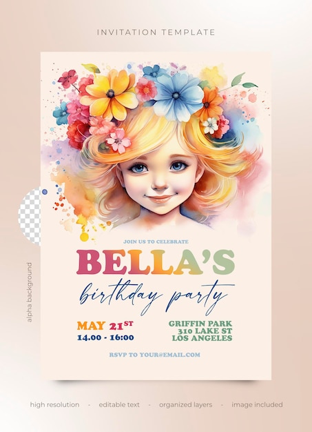 Psd birthday party invitation watercolor girl with flowers in hair