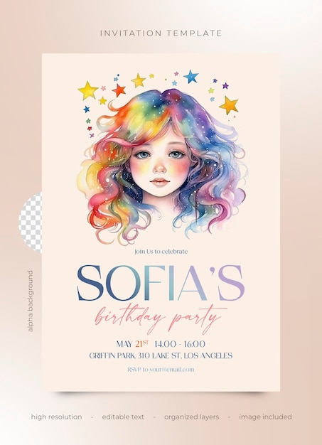 Psd birthday party invitation watercolor girl with stars rainbow colors