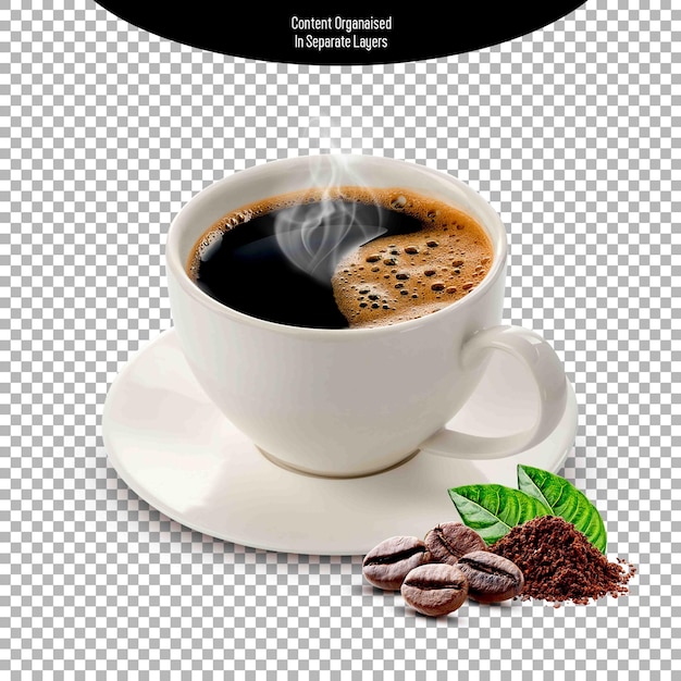 PSD Black Coffee in White Cup top view Isolated on transparent Background