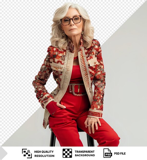 psd blonde senior elegant woman in red pants and stylish jacket sitting on a black stool against a white wall accessorized with brown glasses and a hand visible in the foreground