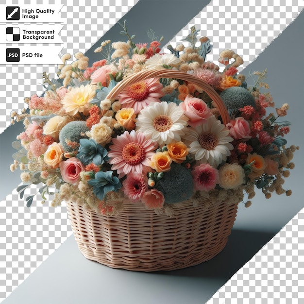 PSD bouquet of flowers in a basket on transparent background