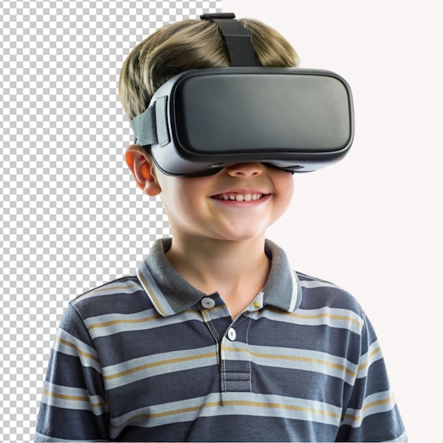 PSD of a boy kid using vr headset isolated on transparent background