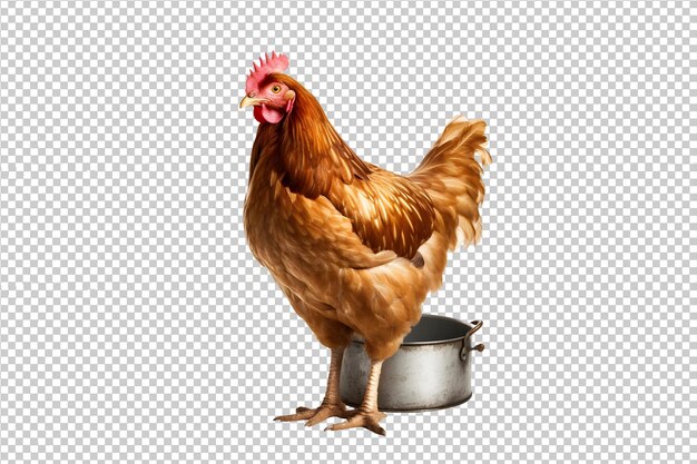 PSD Brown hen standing with chicken feeding trough isolated on a transparent background