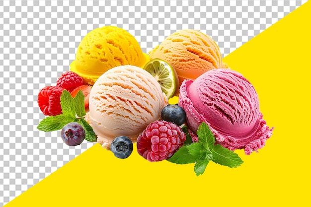 Psd bunch of ice creams are on a yellow with Transparent background