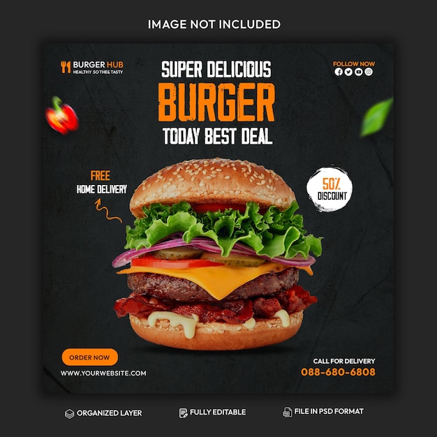 PSD burger social media promotion and Instagram banner post design template