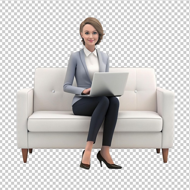 PSD of a business woman sitting sofa using a laptop isolated on transparent background