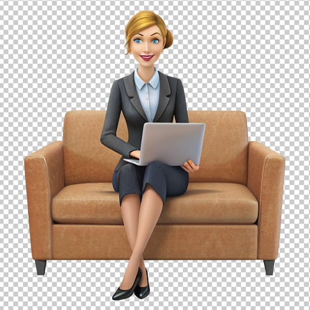 PSD of a business woman sitting sofa using a laptop isolated on transparent background