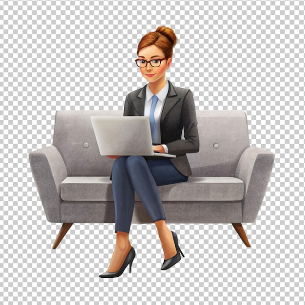 PSD of a business woman sitting sofa using a laptop isolated on transparent background