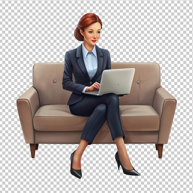 PSD of a business woman sitting sofa using a laptop isolated on transparent background