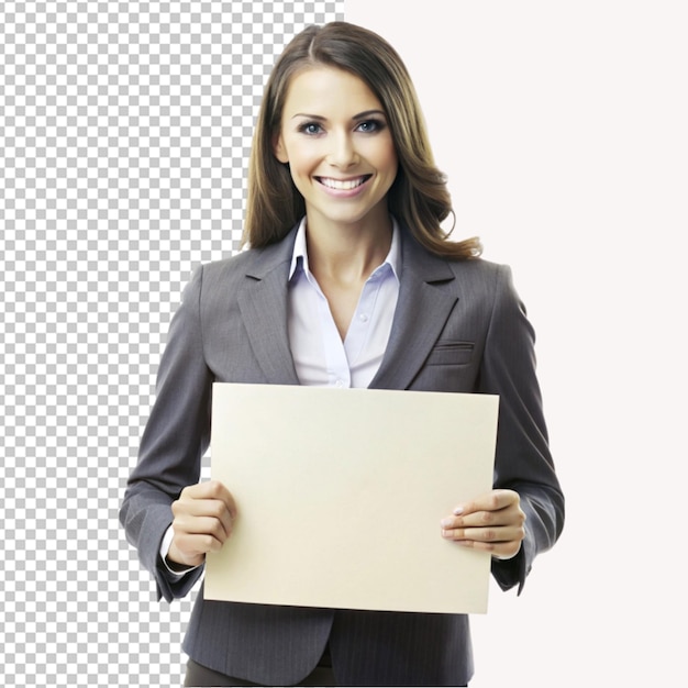 PSD of a businesswoman holding placard isolated on transparent background