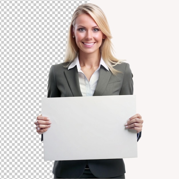 PSD of a businesswoman holding placard isolated on transparent background