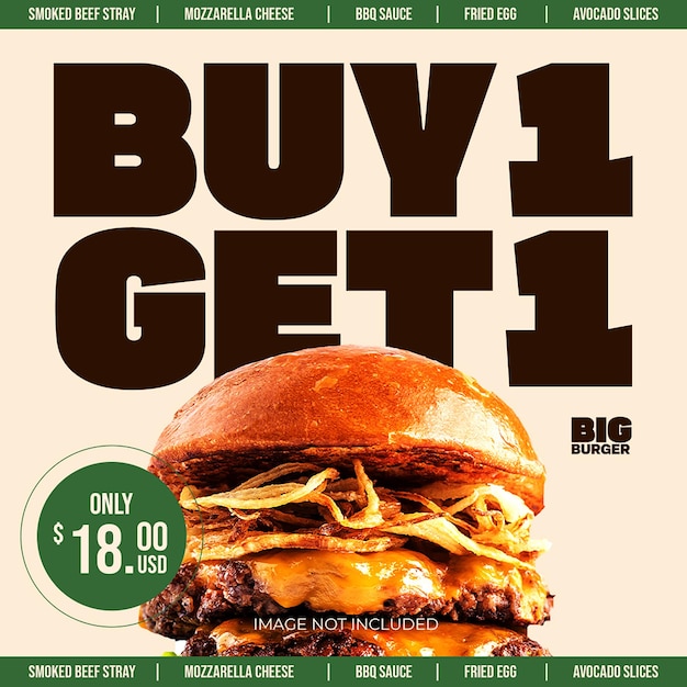 PSD psd buy one get one burger design for social media and instagram post template