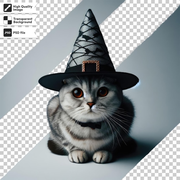 PSD cat in a black witch hat on transparent background