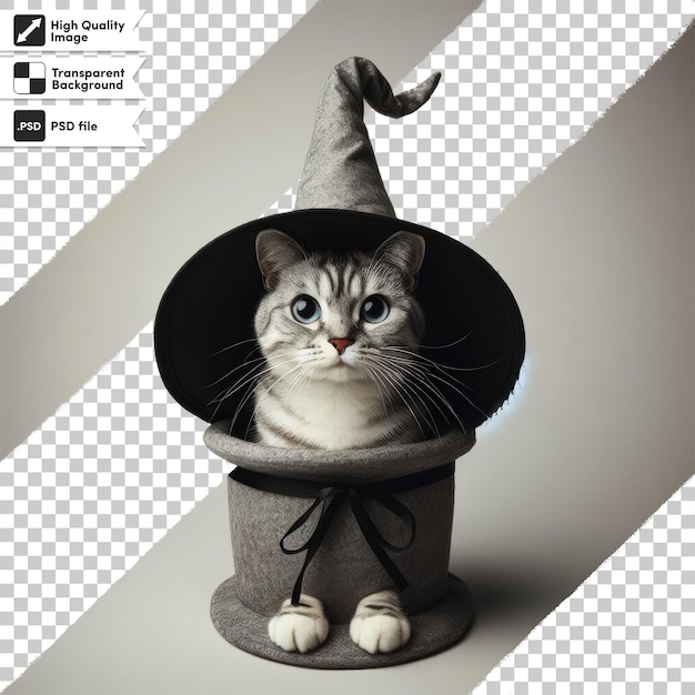 PSD cat in a black witch hat on transparent background