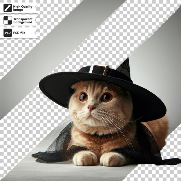 PSD cat in a black witch hat on transparent background