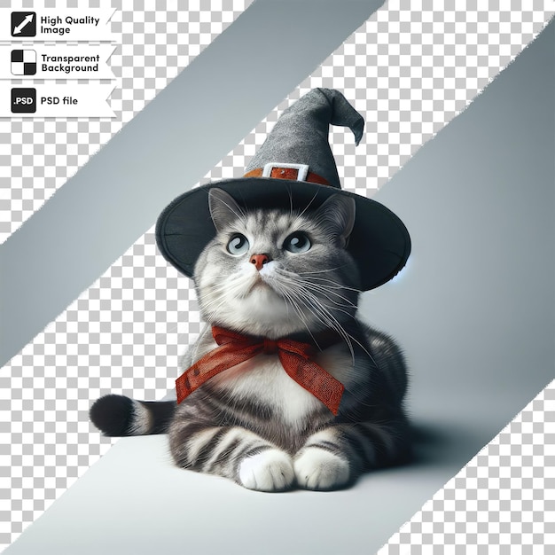 PSD cat in a black witch hat on transparent background