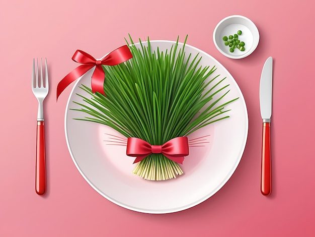 PSD Celebrate happy nowruz Fresh and Festive Wheatgrass a Plate Tied with a Red Ribbon