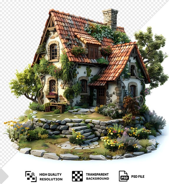 PSD psd charming cottage miniatures with gardens red roof brick chimney arched window lush green trees on transparent background