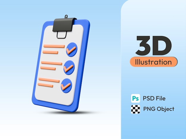 PSD Checklist icon 3d clipboard isolated on Transparent Background