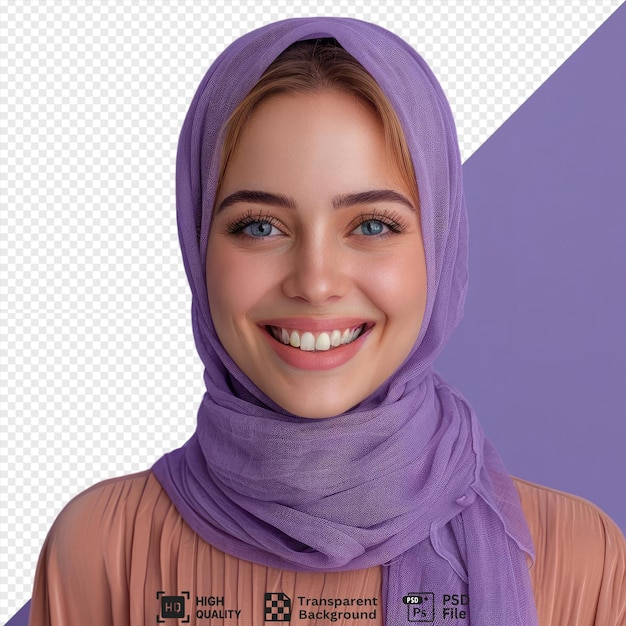 psd cheerful woman enjoying an invisible joke in front of a purple wall wearing a purple scarf and showing off her white teeth with a smiling face and brown and blue eyes png psd