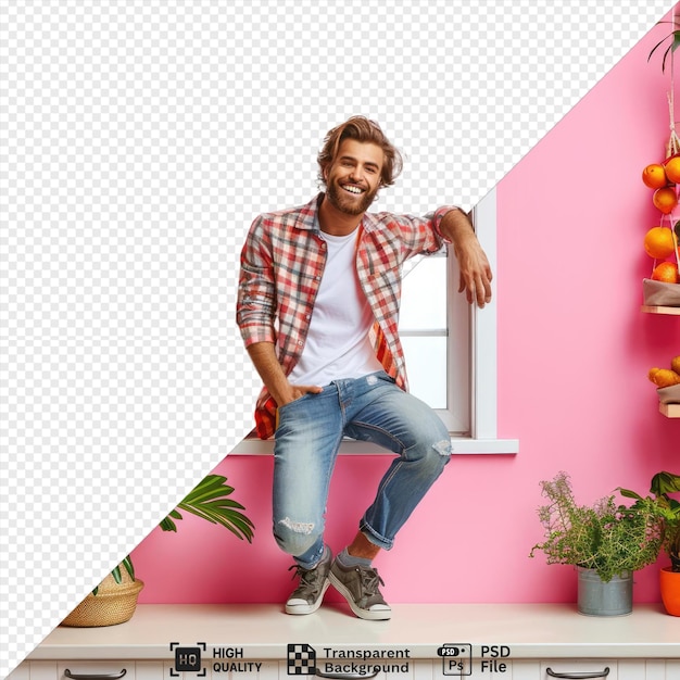 psd cheerful young man mounting a kitchen window surrounded by potted plants and a pink wall wearing a plaid shirt and blue jeans with a white window and silver handle in the background