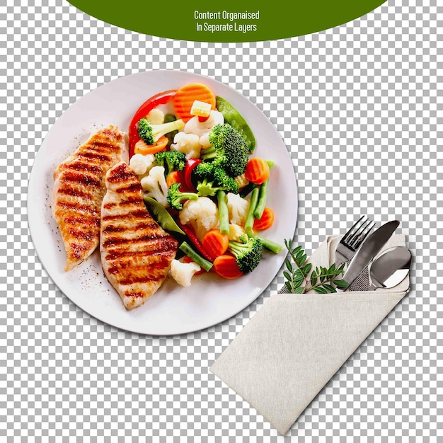 PSD Chicken Steak with Vegetables in plate Isolated on transparent Background