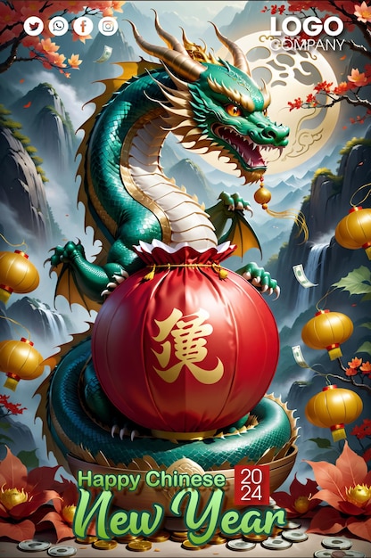 PSD Chinese New Year 2024 the Dragon Asian China 3d on Red Background