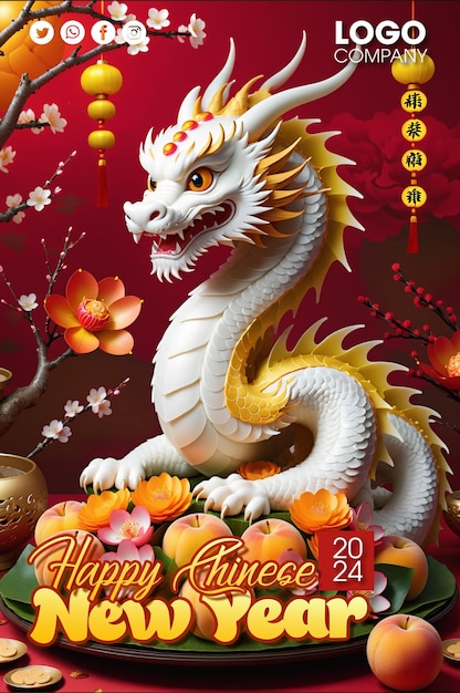 PSD Chinese New Year 2024 the Dragon Asian China 3d on Red Background