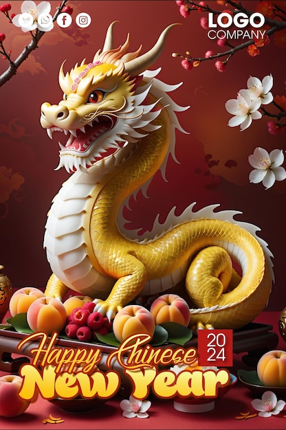 PSD Chinese New Year 2024 the Dragon Asian China 3d on Red Background