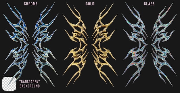 PSD psd chrome metal and gold and dispersion glass y2k abstract tribal tattoo shapes 3d rendering