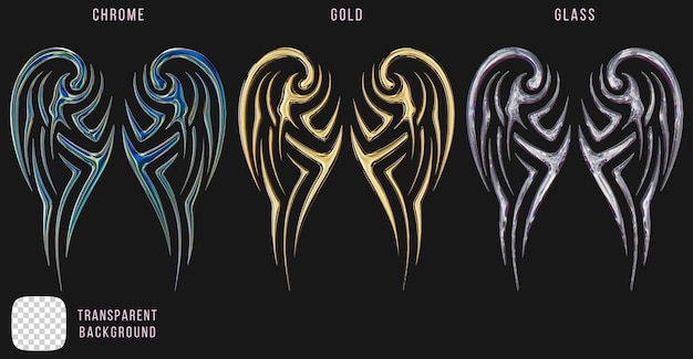 Psd chrome metal and gold and glass tribal tattoo shapes 3d rendering