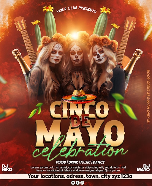 PSD Cinco de Mayo celebration poster design with editable text and party women photo background