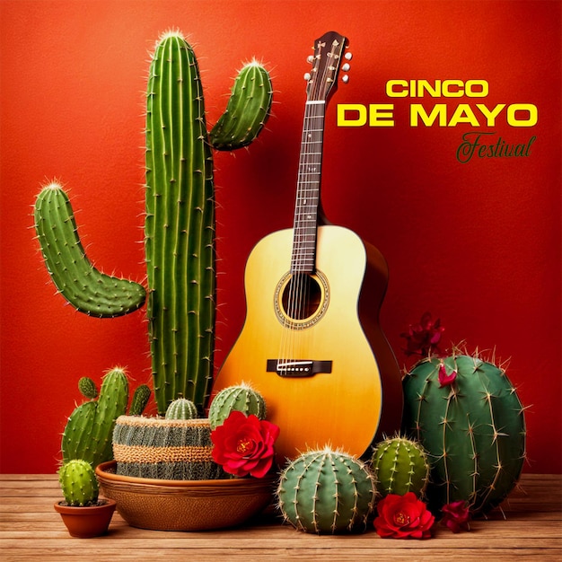 PSD Cinco de mayo template design with cactus and mexican hat background