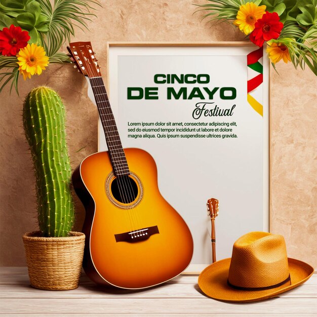 PSD Cinco de mayo template design with cactus and mexican hat background