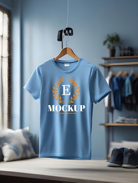 PSD clothes hanger creative editable blue tshirt mockup design