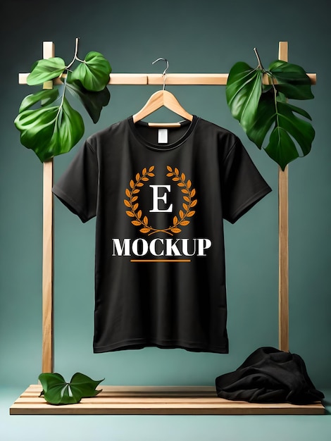 PSD clothes hanger editable black tshirt mockup design