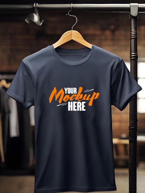 PSD clothes hanger mockup of blue tshirt front view design