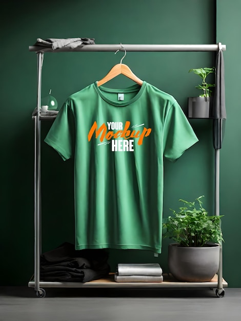 PSD clothes hanger mockup of green tshirt front view design