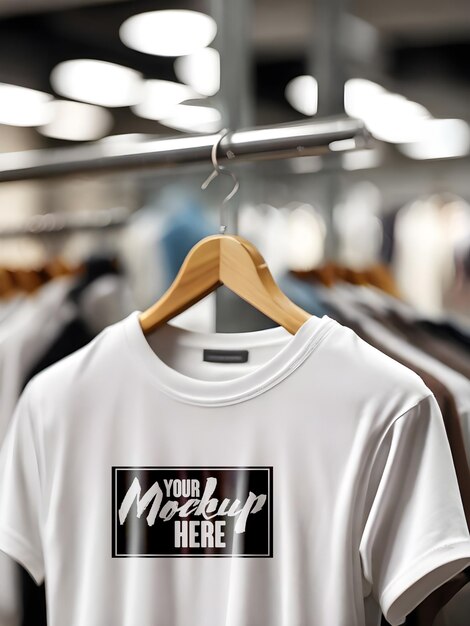 PSD clothes hanger mockup of white tshirt front view design