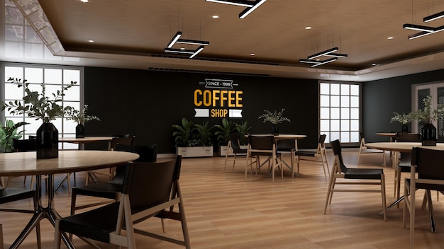 PSD coffee shop wall logo mockup in the cafe or restaurant meeting room