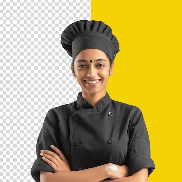 PSD Confident young female cook in chef uniform standing with crossed arms isolated on transparent