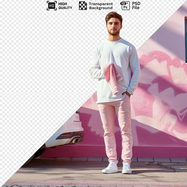 PSD psd confident young man with washcloth near car parked in front of pink wall wearing white shirt and pink pants with brown hair and white shoe visible