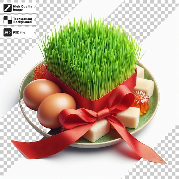 PSD congratulations on Nowruz with a fresh and festive green herb sprout on a plate tied with a re