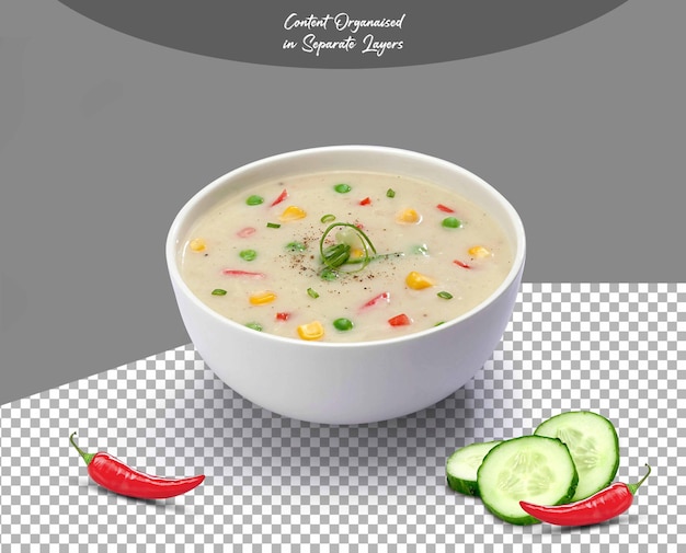 PSD Creamy Corn Vegetable Soup in a bowl isolated on Transparent background